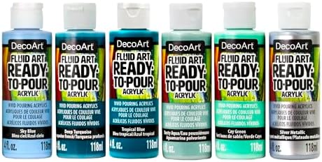 DecoArt Fluid Art Ready-to-Pour Paint Set – Silver Seas Colors, Set of 6 (4 fl oz Bottles) – Acrylic Pouring Paints for Canvas, Wood & DIY Craft Projects