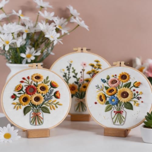 Herdiese Embroidery Kits for Beginners & Adults, 3 Sets Sunflower Patterns
