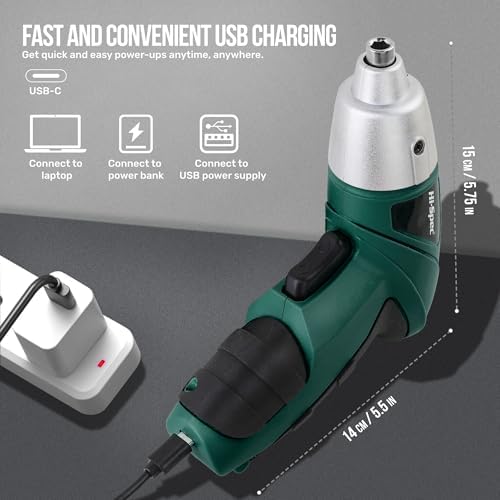 Hi-Spec 3.6V USB Electric Screwdriver for Home Repairs and Assembly, Green | 19pc, fast assembly help, common screw bit selection, LED visibility, compact grip, quick household fixes, organized storage