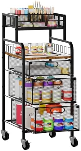 SWTYMIKI Rolling Cart with Drawers - Metal Craft Cart with Wheels, DIY Divider and Wood Shelf, Art Supply Organizer Craft Organizer and Storage, Utility Storage Cart for Home Office Studio, Espresso