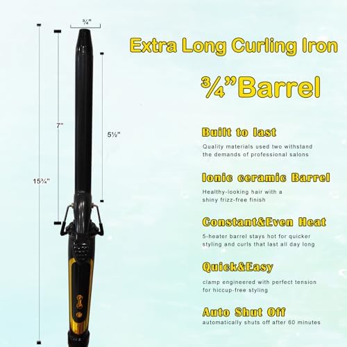 abp 3/4 Inch Extra Long Barrel Curling Iron with Clamp Instant Heat to 450F