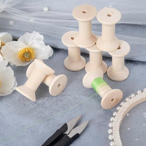 Pndeyo 8pcs Wooden Spools of Crafts, 2in Empty Natural Wood Thread Spools, Unfinished Wooden Textile Bobbin for Organizing Cord Twine Ribbon Chains Elastic Threads