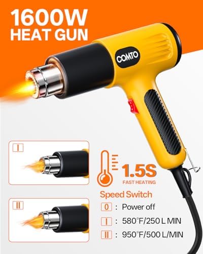 Heat Gun, 1600W Hot Air Gun with 2 Heat Settings, Yellow | 752°F/1112°F Dual Heat Control, 4 Metal Nozzles, Overheat Protection, PA66 Housing, 1.1lb Lightweight Design, Non-Slip Grip