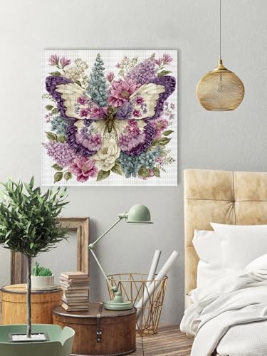 askkqtx Butterfly Stamped Cross Stitch Kits for Adults 14x14 Inch