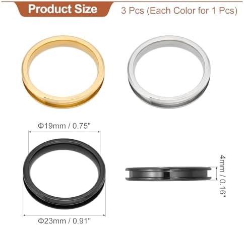 MECCANIXITY 3 Pcs Titanium Steel Ring Blank, 4mm Width Grooved Inlay Ring Blanks for Jewelry Making DIY Craft Supplies(Black/Gold/Silver, Size 9)