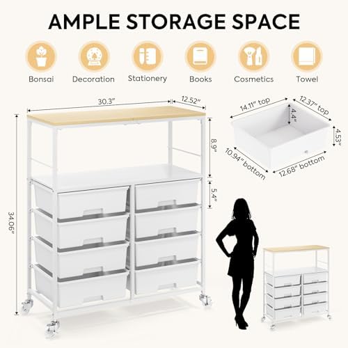 APEXCHASER Rolling Storage Cart with 8 Large Drawers, Wooden Tabletop