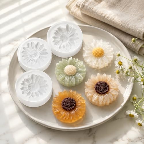 4 Pcs 3D Flower Silicone Molds Daisy Sunflower for Candle Soap Cake Topper