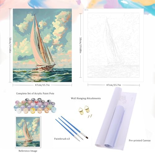Natuyalo Paint by Numbers Kit for Adults Beginners, 16" Wx20 L Canvas Pictures Drawing Acrylic Paintwork with 3 Pcs Paintbrushes, Sailboat in Waves