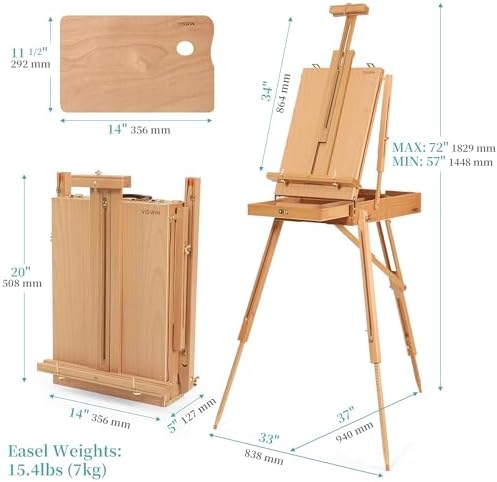 VISWIN French Easel for Painting with Palette, Shoulder Strap & Storage, Adjustable Beech Wood Travel Art Easel Stand, Portable Sketchebox Plein-Air Easel for Adults, Artists, Table Top & Floor Use