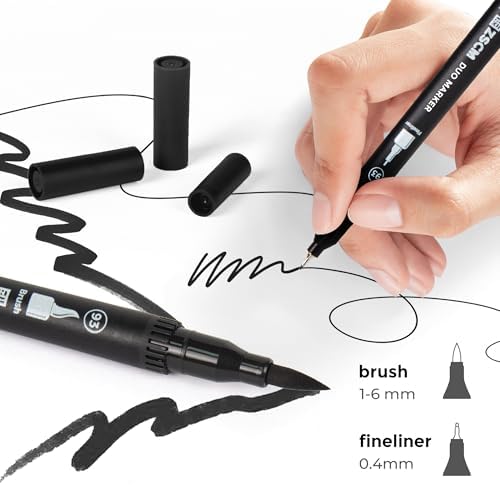 Black Duo Tip Marker Pens, 12 Fine & Brush Tip Pen For Adult Coloring Books