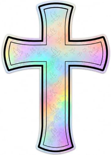 Christian Holographic or Reflective Cross Car Decal, Jesus Cross Vinyl Sticker with Subtle Dove or Heart Pattern, Weather Resistant Bumper Window Decal for Car Truck Motorcycle Laptop (Prism Dove)