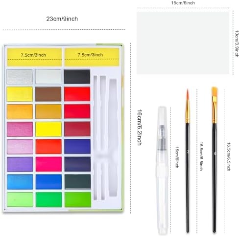 24 Colors Large Block Watercolor Paint Set for Watercolors Workbook, Portable Water Colors Paint Kit with 2 Paintbrushes 1 Waterbrush, for Adult Painting Beginners & Professional Amateur Hobbyists
