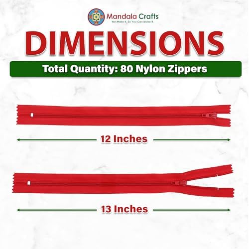Mandala Crafts 80 PCs Red Closed-End 12 Inches Nylon Zippers for Sewing