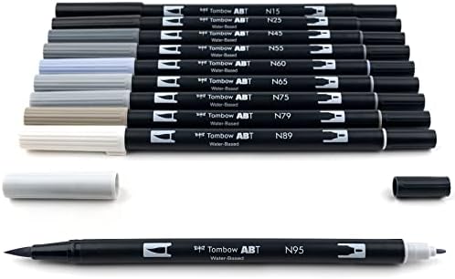 Tombow 56171 Dual Brush Pen Art Markers, Grayscale, 10-Pack. Blendable, Brush and Fine Tip Markers