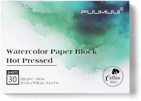 Fuumuui Watercolor Paper Block 5x7 Inch, Smooth Surface 100% Cotton Watercolor Paper, 30 Sheets, 140lb/300gsm, Hot Press, Acid-Free, Art Paper for Painting & Drawing, Wet, Mixed Media