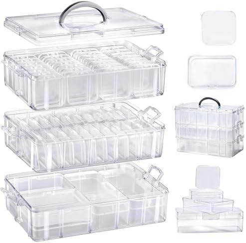 Bead Containers Storage Box for Art Craft Storage,3-Tier Stackable Storage Organizers,61pcs Pieces Plastic Storage Cases Mini Clear Bead Storage Containers Transparent Boxes