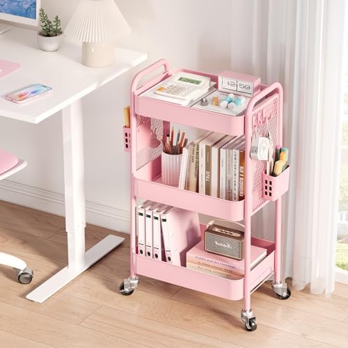 TOOLF 3 Tier Rolling Cart Storage Organizer, Metal Rolling Utility Cart with Wheels, Hooks & Bins Esthetician Craft Art Sturdy Storage with Pegboard for Bathroom, Kitchen, Office, Nursery Diaper
