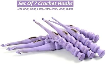 Handmade Ergonomic Wooden Crochet Hooks for Arthritic Hands (Set of 7) Needles for Yarn Accessories | Size 4 mm to 10 mm with Engraved | Yarn Tool (Purple)