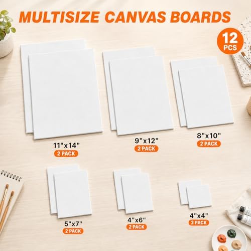 CONDA 12-Pack 𝗣𝗥𝗘𝗠𝗜𝗨𝗠 Size Canvas for Painting, 2 of 4x4, 4x6, 5x7, 8x10, 9x12, 11x14 Paint Canvas Boards, 100% Cotton Triple Primed Canvases Bulk, Art Supplies for Kids & Adults