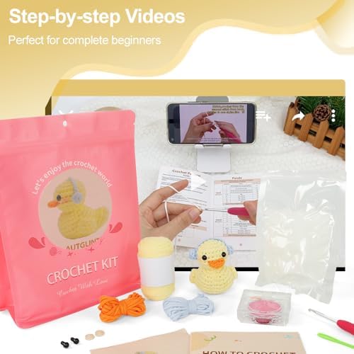 Duck Crochet Kit for Beginners Adults & Kids, Amigurumi Learn to Crochet Starter Kit with 4K Step-by-Step Video Tutorials, Includes Pre-Started Yarn, Crochet Hooks & Accessories - Yellow Duck