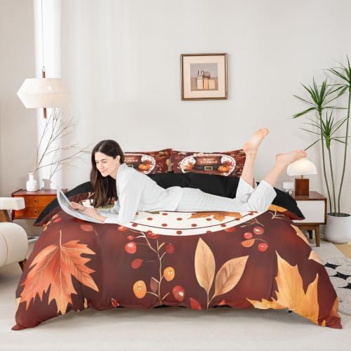 Erosebridal Thanksgiving Hat Duvet Cover Full Size Watercolor Fall Maple Bedding Set for Kids Boys Girls Autumn Pumpkin Comforter Cover Rustic Harvest Bedclothes Room Decor