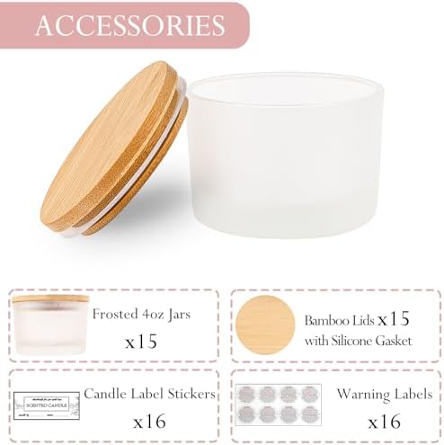 CONNOO 15 Pack 4oz Frosted Glass Candle Jars with Airtight Bamboo Lids