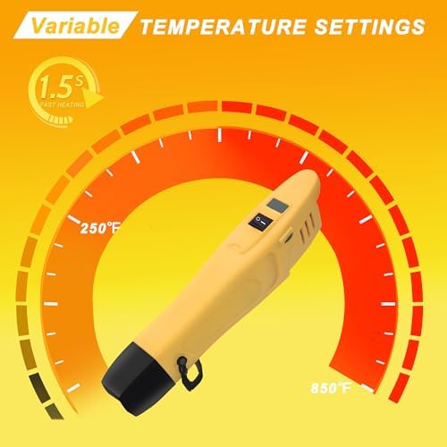 mofa Mini Variable Temp Heat Gun 350W 250℉~850℉(150℃- 450℃) Fast Heating,LCD Digital Display Hot Air Gun Tools with Reflector Nozzle&Tripod Overload Protection for Crafting,Embossing,Drying (Yellow)