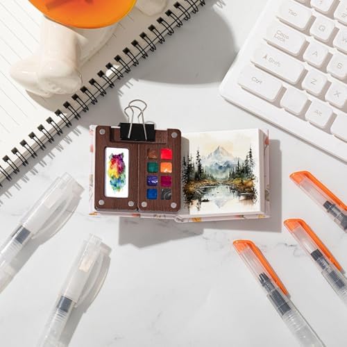 Qilery Mini Portable Watercolor Palette Set Wooden Grid Paint Box Watercolor Paper Sketch Book Brush Pens with Binder Clip for Painters Artist Not Include Paint(Rabbit)