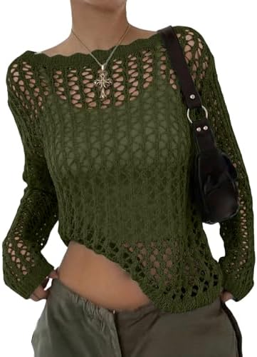 EVALESS Crochet Tops for Women Long Sleeve Hollow Out Knit Sweaters