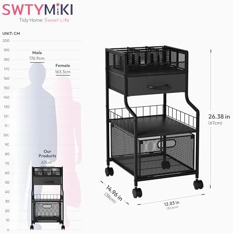 SWTYMIKI Under Desk Storage Cart- Art Storage Cart with Drawers & DIY Divider - Office Cart Organizer Under Desk Shelf, Craft Rolling Cart for Office, Craft Room & Studio Black