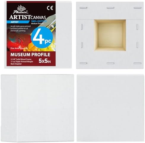 PHOENIX 5x5 Inch 4 Pack Museum Canvas - 2 3/8 Inch Thick Edge Deep Mini Block Canvases for Painting 100% Cotton 11 Oz. Gesso Primed White Blank Professional Art Canvas