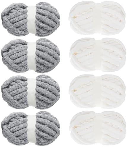 MABOZOO Assorted Chunky Yarn for Hand Knitting 8 Pack, Fluffy Jumbo Chenille Yarn, Soft Plush Yarn Bulky, Giant Thick Fuzzy Yarn for Arm Knitting,4 White & 4 Grey, 31.7 Yds/8 Oz Each