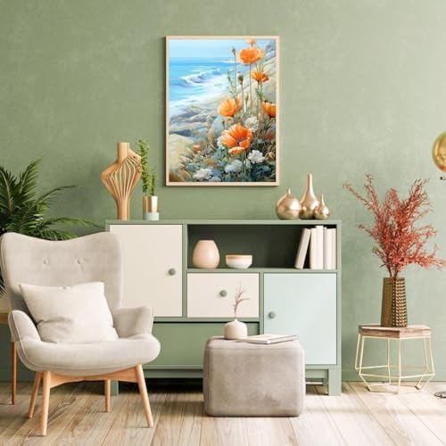 Paint by Numbers for Adults Beginner Flowers,Paint Number Kits Poppies and Daisies Adult,Paint by Number Sea View Adult Paint by Number Kits DIY Oil Painting Kits Gift, 12 x16 Inch（Include Framed）