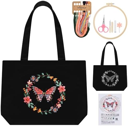 ERKOON Embroidery Canvas Tote Bag for Beginners, Floral Arts Crafts Cross Stitch Kits for Adults Including Stamped Embroidery Bag with Hoops, Needle, Instruction and Color Threads (Butterfly)