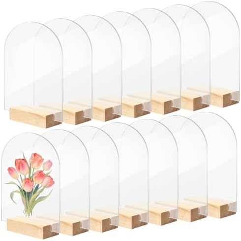 Bercoor 15 Pack 4x6 Inch Blank Clear Arch Acrylic Sign with Wooden Stands, Arched Round Top Acrylic Sheet, DIY Acrylic Arch Table Numbers for DIY Name Card Gifts Event Party Sign Decoration