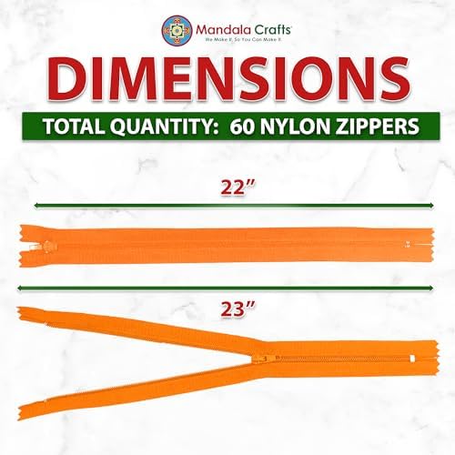 Mandala Crafts 60 PCs Orange Closed-End 22 Inches Nylon Zippers for Sewing