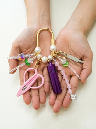 MEYAGO Needlepoint Bag Charm Tool Kit with Mini Embroidery Scissors, Needle Threader, Needle Holder Tube & Gold Keyring, Portable Embroidery Accessories for Cross Stitch Sewing DIY Crafts (Pink)