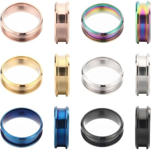 SUNNYCLUE 1 Box 12Pcs Inlay Ring Blanks Stainless Steel Finger Rings Blank Size 9 Blue Black Golden Grooved Ring Core Blanks Laser Inscription Plain Band Rings for Men Women Jewelry Making Supplies