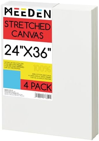 MEEDEN Stretched Canvas, 24 × 36 Inch, Pack of 4, Blank White Canvases for Painting, 100% Cotton, 15 oz Gesso-Primed, Pre-Stretched Canvas for Acrylic Oil Pouring & Airbrushing Painting