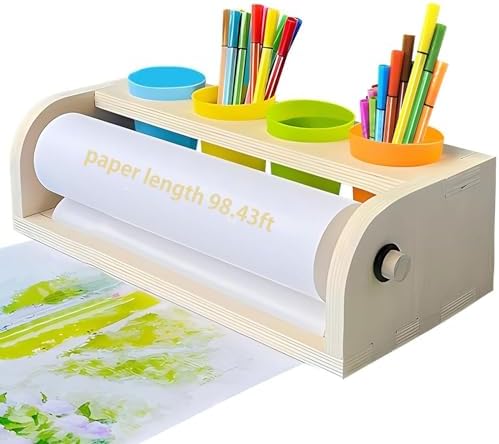 XDONEF Wooden Tabletop Paper Roll Dispenser with Roll 11.4inx98.4ft and Pencil Cups Craft Art Paper Roll Holder for Kids Desktop Easel for Drawing Painting Home Classroom