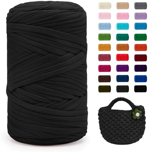 JeogYong T-Shirt Yarn, 400g/131 Yards Elastic Fabric Crochet Cloth T Shirt Yarn, Thick Hand Knitting Polyester Fabric Ribbon for Crocheting Bags/Baskets/Rugs, Home Decor, DIY Crafts (Dark Gray)