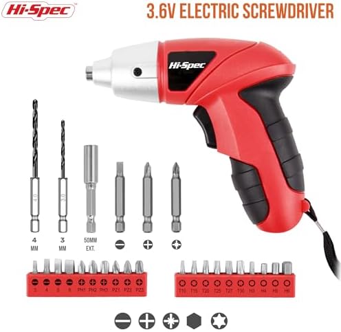Hi-Spec 27pc 3.6V Red Small Power Electric Screwdriver Set. Cordless & Rechargeable with Driver Bit Set