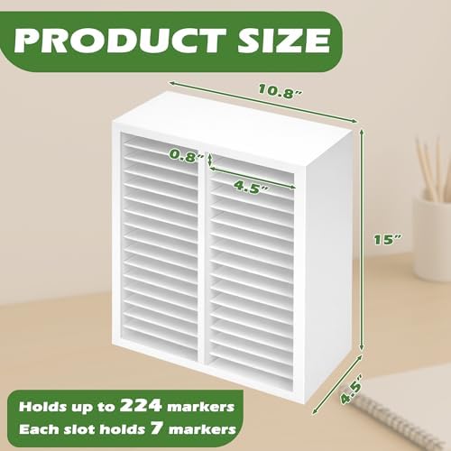 PROLEE Marker Organizer for 224 Markers, Wooden Alcohol Marker Holder with 32 Compartments, Horizontal Art Pen and Pencil Storage Rack for Desk, Classroom and Studio, White