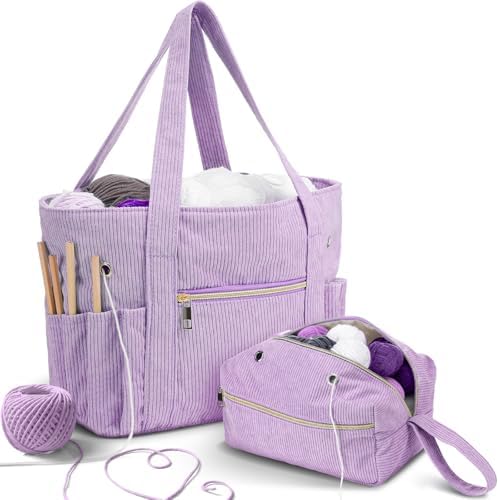 Bulyoou 2 Pcs Crochet Tote and Yarn Bag Set Corduroy Yarn Holder,Purple