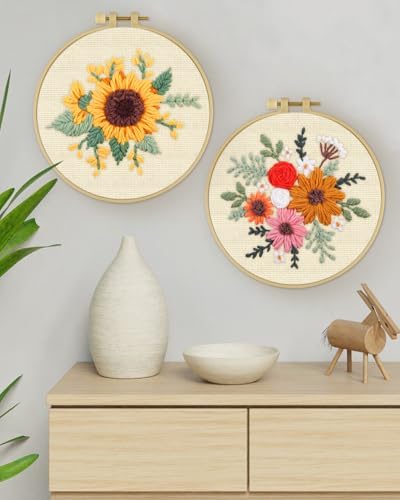 ERKOON Punch Needle Kit Adults Beginners, 2 Pcs DIY Easy Flower Embroidery Set for Starter Art Craft, Needling Punching Project with Patterns, Tools, Yarns, Hoop, Instruction (Colorful Flowers)