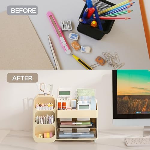 HBlife Desk Organizer with Pen Pencil Holder for Desk, Pen Organizer with 2 Drawers, Desk Organizers and Accessories with 4 Compartments, Desktop Storage for Office Home School Art Supplies, Beige
