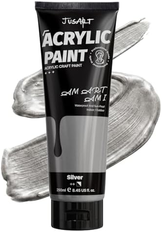 JusArt Metallic Silver Acrylic Paint, 8.45oz/250ml Large Tube, Heavy Body