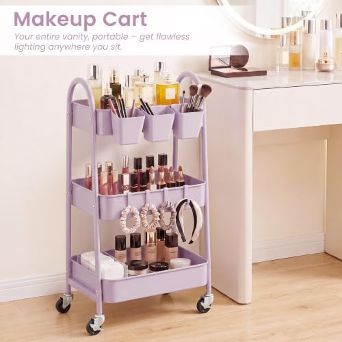 danpinera 3-Tier Rolling Cart, Utility Cart Mobile Metal Rolling Storage Cart with Lockable Wheels & Hanging Cups & Hooks for Kitchen, Bathroom, Office, Workshop, Purple