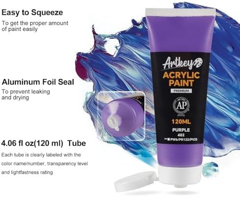 Artkey Acrylic Paint - Purple (120 ml/4.06 oz) Tubes, Rich & Vibrant Pigments, Professional Artists Acrylic Paints - Art Supplies for Canvas Wood Rock Clay Fabric Ceramics Art Crafts Painting