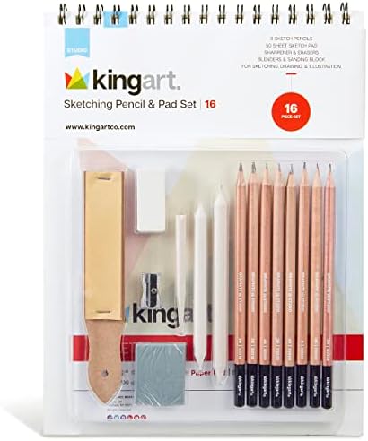 KINGART 16 Piece Sketching Set, Professional Drawing Pencils Art Kit w/Graphite & Charcoal Pencils for Beginners, Students, Adults Shading